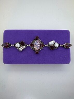 💛 Vintage 925 Artisan Pink Druzy, Garnet & Pearl Bracelet